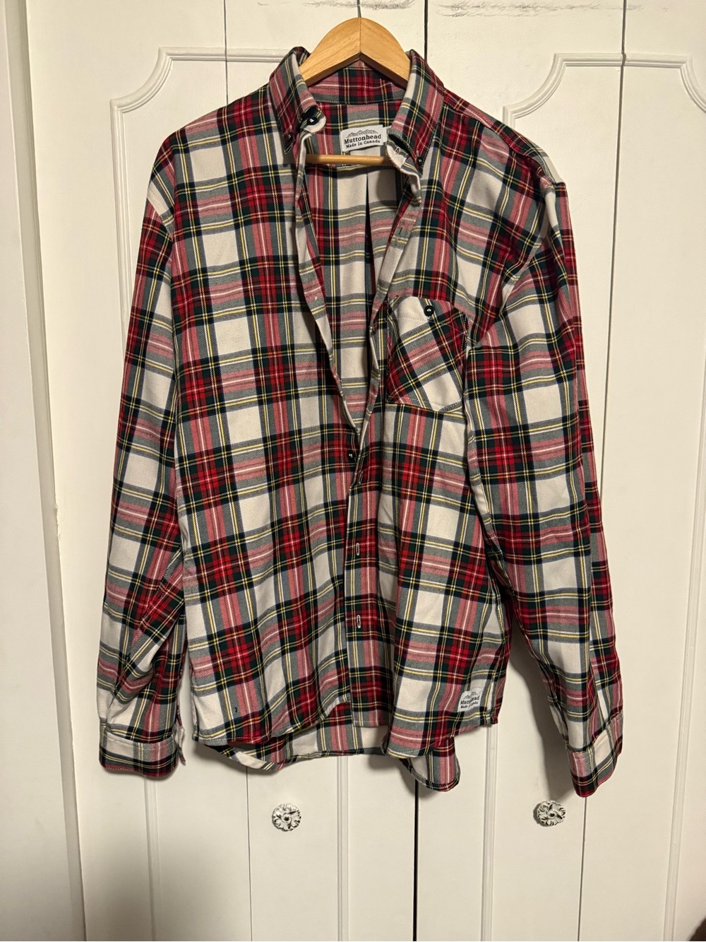 muttonhead flannel Men's Red Plaid Button-Down Shirt with Chest Pocket